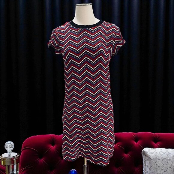 Zara Dresses & Skirts - Retro Knit Chevron Mini‎ Dress Red Navy White Short Sleeve Large Mod Modcloth